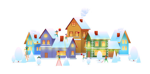 Vector winter city people decorate house christmas