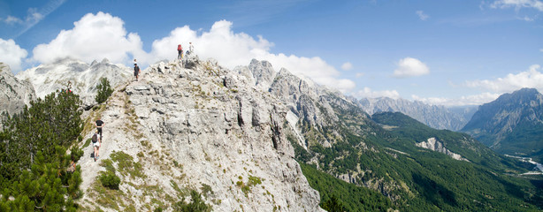 View of summit Jezerca in Albanian Alps from Valbona Pass during hike from Theth to Valbona