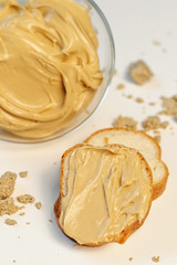 Sweet cream in glass bowl. Confectionery, sweet life, calories.