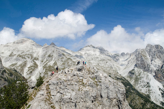 View of summit Jezerca in Albanian Alps from Valbona Pass during hike from Theth to Valbona