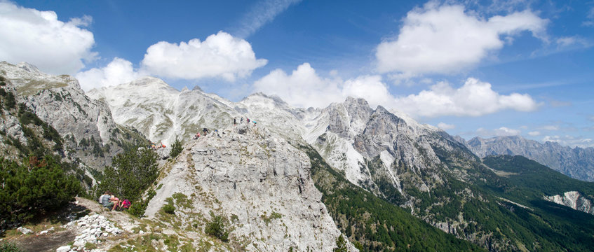 View of summit Jezerca in Albanian Alps from Valbona Pass during hike from Theth to Valbona