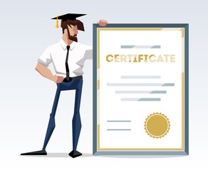 Manager or student. A man in a suit hold a certificate on completion of education.
