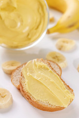 Banana sweet cream in glass bowl. Confectionery, sweet life, calories.