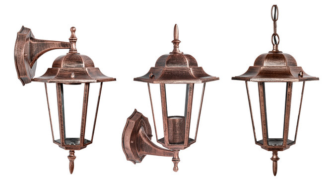set of isolated classic street lamp. ceiling and wall munted lantern