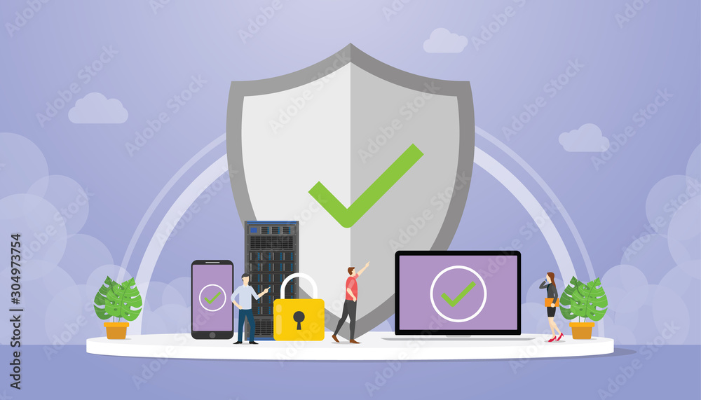 Poster data protection concept with big shield and padlock with data server database with modern flat style