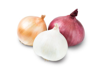 Spanish onions. A yellow, a purple and white bulb, isolated on a white background