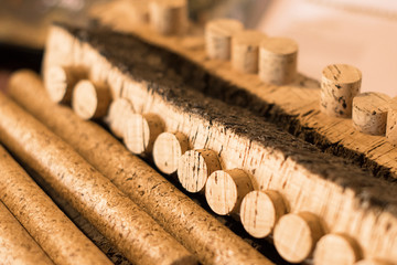 Rroduction of corks for wine bottles of cork oak bark. Selective focus