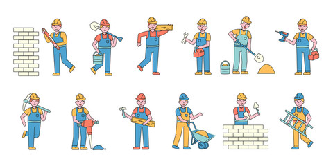 Fototapeta premium Builders flat charers set. People working at construction site cartoon illustrations pack. Engineers, handymen, contrors in uniform and hardhats using professional equipment