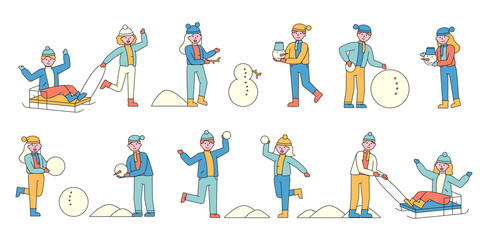 People in winter clothes flat charers set. Joyful kids enjoying wintertime ivities. Making snowman. Happy friends, children playing snowballs and sledding. Cold season ive rest