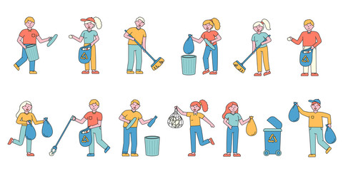 Garbage collecting flat charers set. People sorting glass and plastic litter in containers cartoon illustrations pack. Trash recycling. Waste management , environmental pollution control