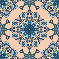 Seamless colorful patchwork tile with Islam, Arabic, Indian, ottoman motifs. Ceramic tile in talavera style.