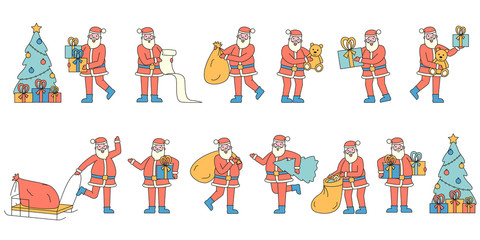 Santa Claus with gifts flat charers set. People wearing red Christmas costumes carrying presents. Reading wish list. Traditional Xmas mascot near fir tree holding sack with gifts