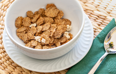 Healthy cereal breakfast outside. Close up in table