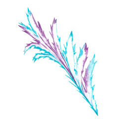 Abstract artistic blue and purple element as stylization of frost patterns on window. Ice branch with acute endings. Watercolor hand painted drawing isolated on white background.