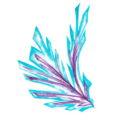 Fototapeta na wymiar Abstract artistic blue and purple element as stylization of frost patterns on window. Ice branch with blunt endings. Watercolor hand painted drawing isolated on white background.