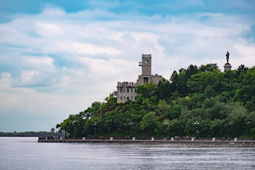 Khabarovsk, Russia - Aug 21, 2019: Flood on the Amur river near the city of Khabarovsk. The level of the Amur river at around 601 centimeters.