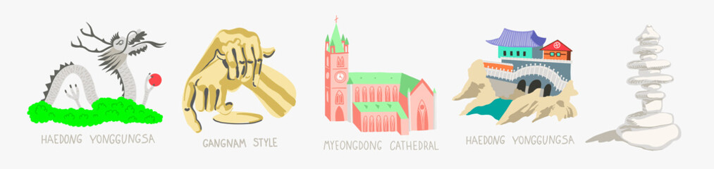 Obraz premium doodle vector illustration - sights of South Korea travel collection