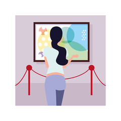 woman in contemporary art gallery, exhibition visitors viewing modern abstract paintings