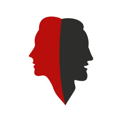 The silhouette of the heads of adult man and woman as one. Couple faces. Man and woman profile. Male and female silhouette isolated on white background. People symbols. Vector illustration.