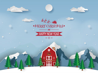 Naklejka premium Paper art, Craft style of Red house in snow mountain, Merry Christmas and Happy New Year