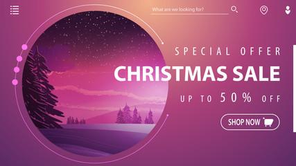 Special offer, Christmas sale, up to 50% off, beautiful pink modern discount banner with winter landscape on background
