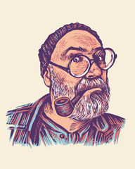 Middle-aged Man In Round Glasses With Moustache, Gray Beard and Smoking Pipe. retro engraving style. vector illustration.