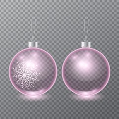 set of vector transparent pink glass christmas tree balls with painted snowflake isolated on checkered background. 3D illustration.