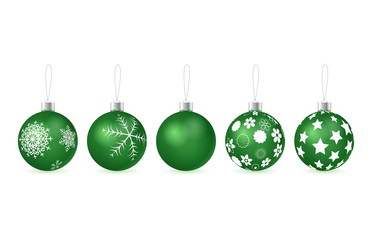 set of vector green glossy christmas tree balls with pattern hanging on silver eyelets on white background. 3D illustration.