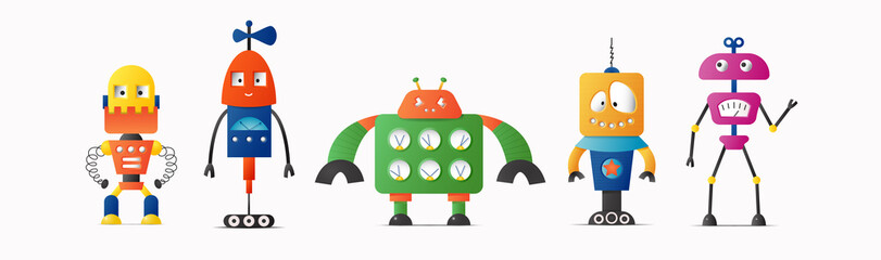 Set of cute vector robot or monster characters for kids. Vintage futuristic cyborgs