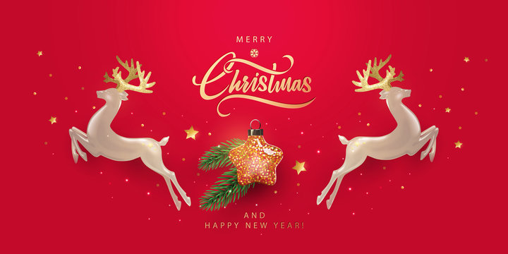 Christmas greeting card. Xmas background design in realistic style with star shaped christmas toy, deers, fir branch, glitter gold confetti. Horizontal New Year poster, banner, header, website. 