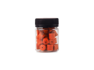 jar with black lid with colorful granules inside, quick snack concept, alternative to food, new kind of food, freeze-dried batochniki, eco-friendly products