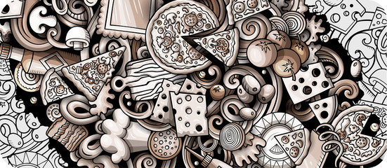 Pizza hand drawn doodle banner. Cartoon detailed flyer.