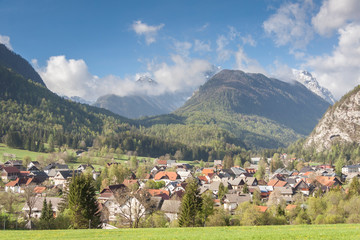 Fototapeta na wymiar View from Dovje on Mojstrana village - Slovenia.