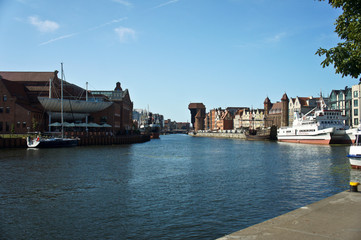 Obraz premium 10 August, 2019. Poland, Gdansk. Motlawa river. Architecture of the old town in Gdansk, Poland.