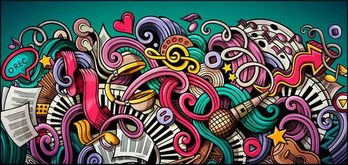 Zelfklevend Fotobehang Muziek hand getrokken doodle banner. Cartoon gedetailleerde illustraties. © balabolka