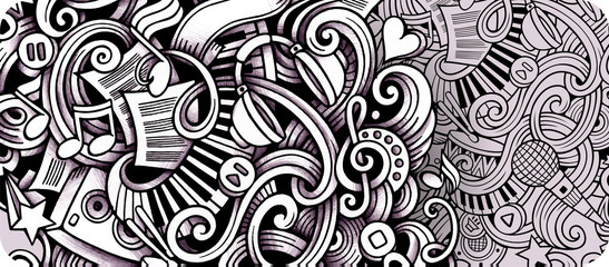 Music hand drawn doodle banner. Cartoon detailed illustrations.