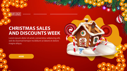 Christmas sales and discount week, red banner with lava lamp design, Christmas tree, garland and Christmas gingerbread house