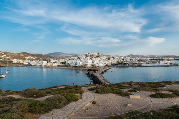 Fototapeta na wymiar Panorama of capital and port of Naxos, chora, from Portara area, Cyclades, Greece