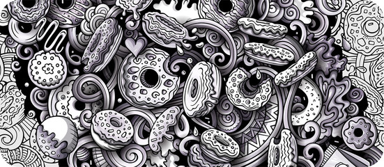 Donuts hand drawn doodle banner. Cartoon detailed illustrations.