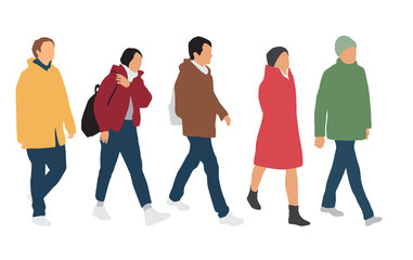 Fototapeta premium Silhouettes of men and women standing and walking, cartoon character, outerwear, group business people, vector illustration, flat designe icon, isolated on white background
