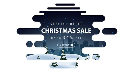 Special offer, Christmas sale, up to 50% off, beautiful white and blue discount banner in lava lamp style with smooth lines and winter landscape