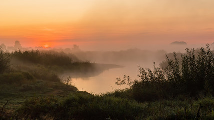 Fototapeta na wymiar Poranne mgły nad Narwią, Dolina Górnej Narwi, Natura 2000, Podlasie, Polska