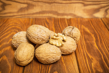 Nuts on an old vintage table before cooking