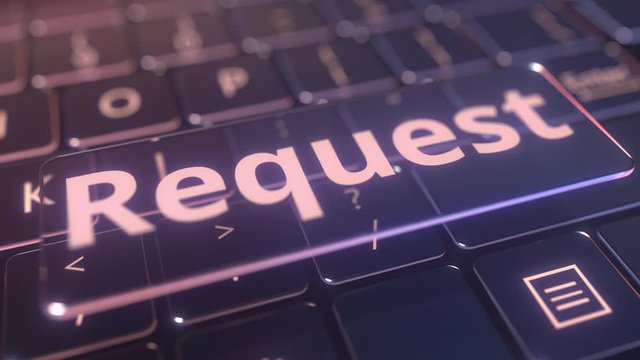 Futuristic computer keyboard and transparent request key. Conceptual 3D animation