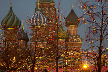 Pokrovsky Cathedral and christmas decorated trees