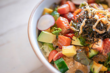 Homemade Salmon salad with mixed vegetables. 