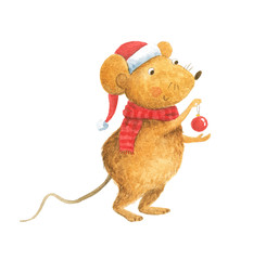 Mouse Symbol of New Year in red hat with christmas ball decoration.