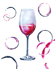Glass glass with a drink, with wine. The wave in the glass. Hand drawn watercolor illustration isolated on white background for design of cafe, menu, restaurant, banner, background.