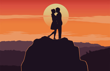 couple hug together near cliff around with mountain,silhouette style,vector illustration