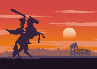 Fototapeta na wymiar knight have be victorious,ride on horse nearby colosseum,comeback home on sunset time,vintage color,vector illustration
